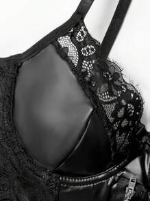 PU Leather Sexy Zip Up Dress With Mesh Pants Sexy 2 Pieces Set, Rave - Black - View 7