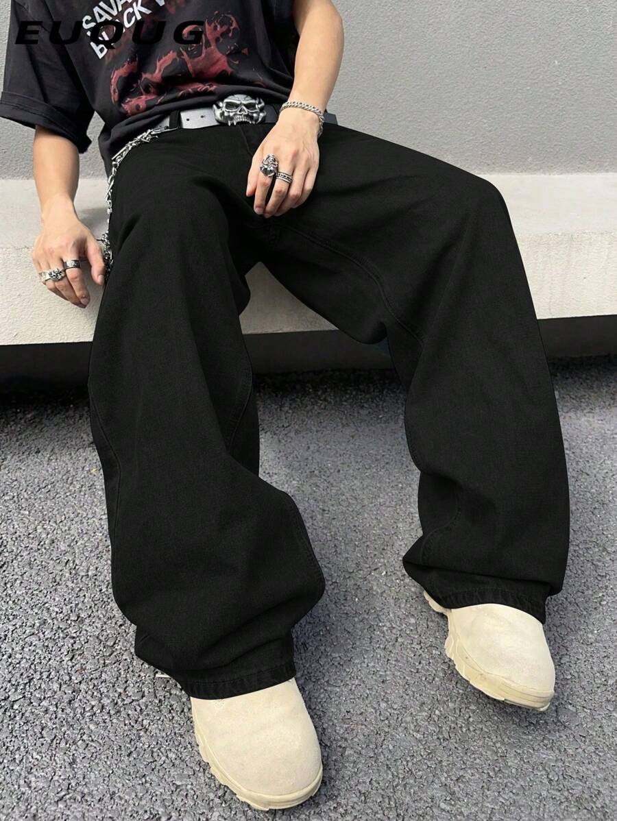 Calça Denim Retrô Preta Lavada Larga e Folgada no Estilo Y2K Vintage para Homens, Perna Reta Folgada, Presente Perfeito para Marido, Namorado