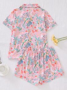 2pcs Women Floral & Bird Print Pajama Set, Short Sleeve Shirt With Lapel Button And Loose Elastic Waist Shorts, Festive Party Sleepwear, Contrast Trim Stylish, Comfortable Casual Homewear,Two Pieces Set