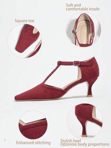 Women's Red Square Toe Mid-Heel Mary Jane Shoes, Pointed Toe Hollow Closed Toe Ankle Strap High Heel Sandals