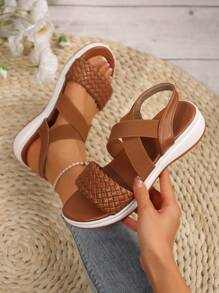 Plus Size Women's Woven Sandals, Cross Elastic Round Toe Flat Heel Slingback Casual Beach Shoes - Brown - View 1