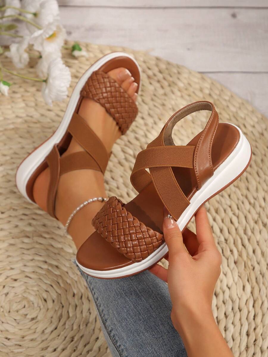Plus Size Women's Woven Sandals, Cross Elastic Round Toe Flat Heel Slingback Casual Beach Shoes - Brown - View 1