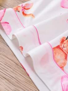 2 件套蝴蝶结兔子印花女士休闲服，包括带领和纽扣的短袖衬衫和松紧腰宽松短裤，可在户外穿着参加节日派对，可爱美丽，适合居家、休闲装、四季穿着，两件套 - 粉色 - 查看 7