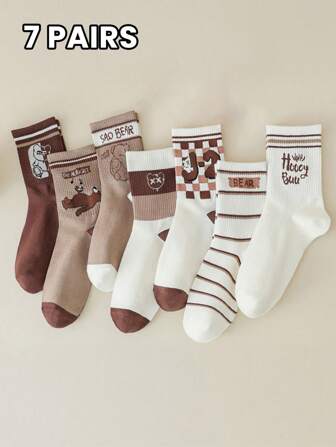 7 双女士袜子四季多色袜子拼色条纹卡通熊美拉德柔软舒适时尚简约时髦优雅日常休闲袜