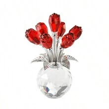1 Piece Handmade Crystal Red Rose Flower Figurine With Round Vase, Romantic Rose Gifts For Women On Valentine's Day Mother's Day Birthday, Rose Collectible Figurines For Home Party Wedding Decorations Graduation