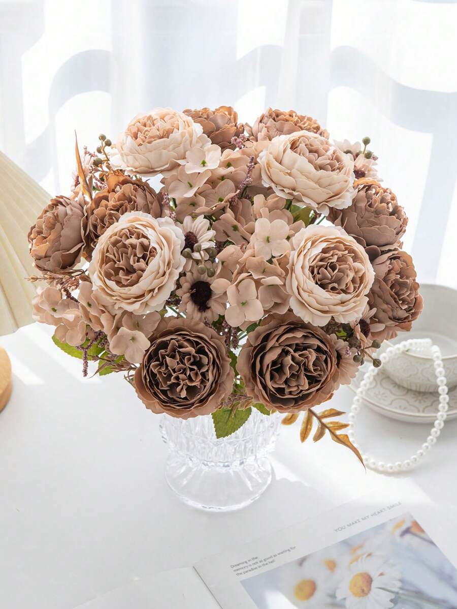 Bó hoa mẫu đơn và cẩm tú cầu bằng lụa lãng mạn (1/3 bông), hoa giả cầm tay bằng nhựa, thích hợp trang trí đám cưới/nhà cửa/phòng ngủ/phòng khách/bàn ăn/bó hoa cưới/Ngày của Mẹ. - màu nâu - Xem 1