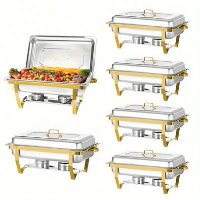 6pcs 9QT Golden Stainless Steel Chafing Dishes For Buffet, Rectangular Chafers And Buffet Warmers Sets For Parties Weddings Catering Buffet