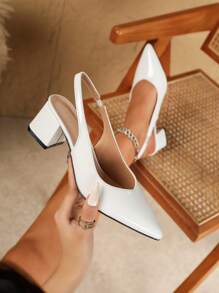 女士尖头酒红色漆皮粗高跟一脚蹬高跟鞋，优雅正式尖头高跟鞋，带可调节绑带 - 白色 - 查看 1