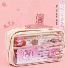 Sanrio 1 pièce Étui crayon transparent Sanrio avec Cinnamoroll, Melodys, Kuromis, Hello chat. Étui à crayon roulé en tissu, rangement mignon de fournitures scolaires pour anime, avec autocollants. Fournitures scolaires, trousse, sac d'école.