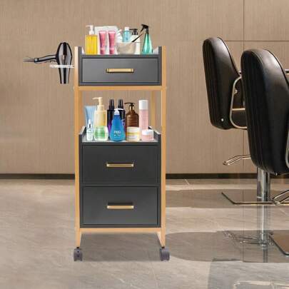 Carrello portaoggetti mobile per salone con 3 cassetti, porta asciugacapelli oro e nero, con ruote
