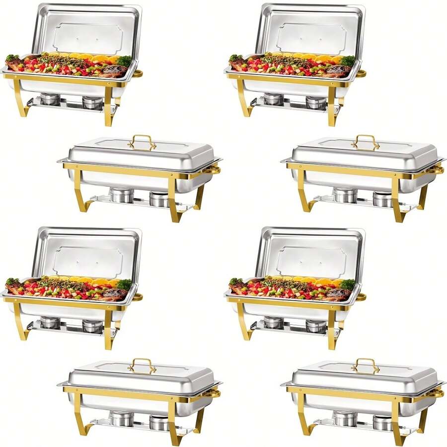 8pcs 9QT Golden Stainless Steel Chafing Dishes For Buffet, Rectangular Chafers And Buffet Warmers Sets For Parties Weddings Catering Buffet - Gói 8 - Xem 1