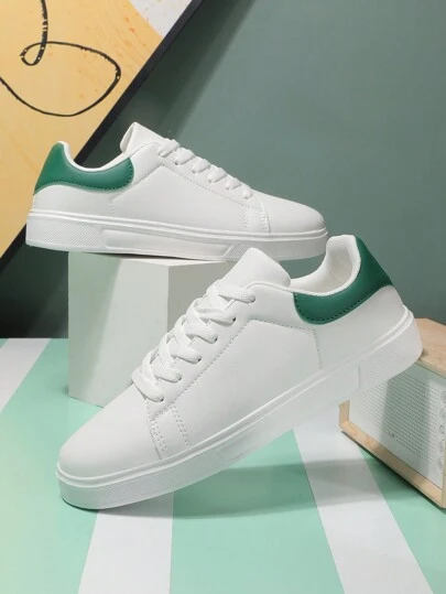 Men's Solid Color Patchwork Lace-Up Casual Sneakers With Thick Soles,