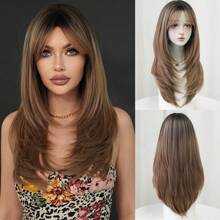 7JHH WIGS 24 Inch Elegant Layered Wig For Women Ombre Brown Straight Wig With Curtain Bangs,High Quality Synthetic Heat-Resistant Fiber Wigs For Daily Use&Music Festival&Mother's Day Gift - 漸層棕色 - 查看 11