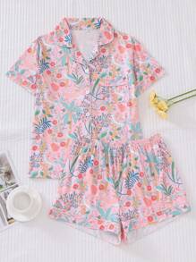 2pcs Women Floral & Bird Print Pajama Set, Short Sleeve Shirt With Lapel Button And Loose Elastic Waist Shorts, Festive Party Sleepwear, Contrast Trim Stylish, Comfortable Casual Homewear,Two Pieces Set