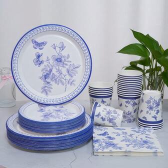 68件套，中国风，青花瓷主题，蝴蝶花主题纸盘，7英寸，9英寸，纸巾，餐巾，纸杯，套装，一次性派对托盘，派对用品，装饰配件，用于派对，野餐，露营，庆典，祈祷，各种活动
