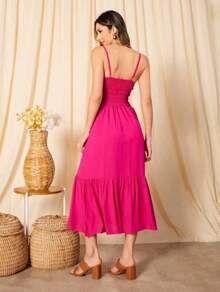 Long Dress In Viscose, Plain, Straps, Buttons On The Front, Cups And Lining. Elastex On The Back - Hot Pink - View 3