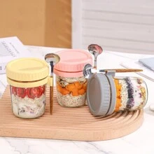1 件装隔夜燕麦杯带勺子和盖子，便携式早餐牛奶杯，女士玻璃沙拉/酸奶杯 - 彩色 - 查看 2