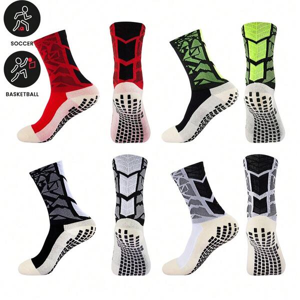 Sports Outdoor 1pair Anti-Slip Geometric Pattern Knitted Fabric Football Socks