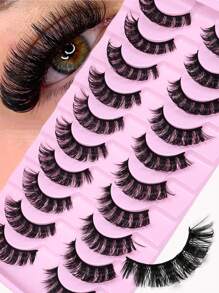 10 Pairs Wispy Volume Lashes - Natural Fluffy Cat Eye Black Band Lash | Reusable Fake Eyelashes For Daily Office, Commute - Pink Tray - Black - View 1