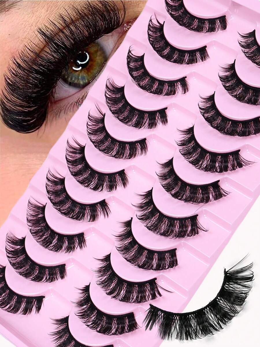 10 Pairs Wispy Volume Lashes - Natural Fluffy Cat Eye Black Band Lash | Reusable Fake Eyelashes For Daily Office, Commute - Pink Tray - Black - View 1