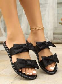 Women's New Bohemian Bowknot Strap Slide Sandals, Fashionable Goddess Style, French Chic, Suitable For Beach Resort, Non-Slip Flat Summer Sandals In Black Polka Dot Bow, White Bow, And Pink Bow - Black - View 5