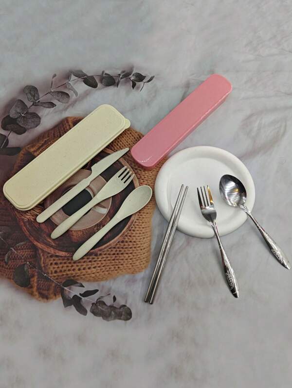 6pcs/Box Outdoor Travel Cutlery Set, Portable Tableware Set, Random Color,School Supplies