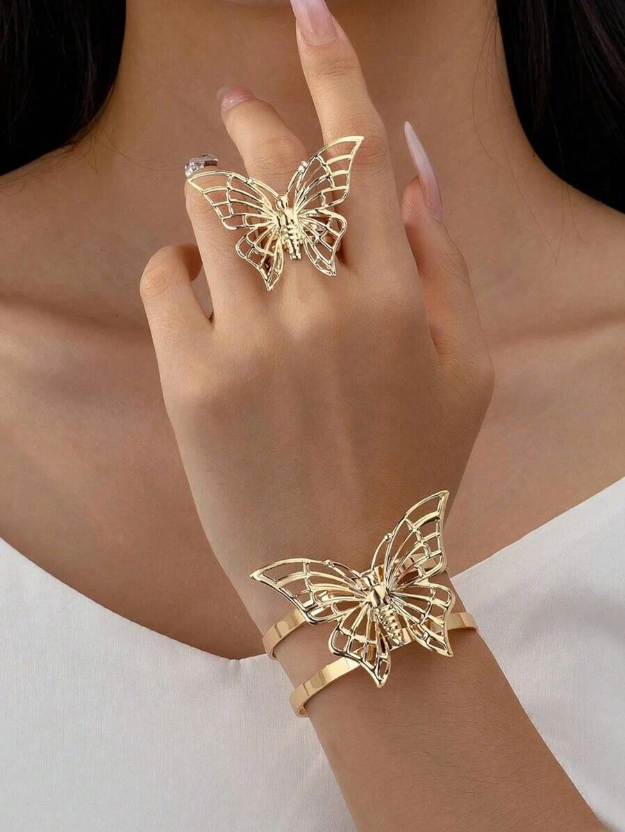 Fashionable High-End Hollow Butterfly Shaped Metal Bracelet And Ring Set, Suitable For Daily, Party, Holiday Wear - Yellow Gold - View 1