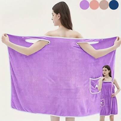 1pc Ultra-Soft Microfiber Wearable Bath Towel, Super Absorbent Quick Dry Bathrobe With Pockets, Space Themed Knit Fabric Adult Bathing Skirt, Coral Fleece Sauna Skirt, Bow Decor Bath Towel, 100% Polyester No Fragrance, No Fragrance For Ladies, Spa Bathroom Accessory Summer Wedding Home Bathroom Decor Back To School