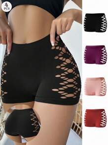 Set de 4 piezas de pantis lisos y sin costuras para mujer, ropa interior cómoda y transpirable con cintura geométrica de malla hueca