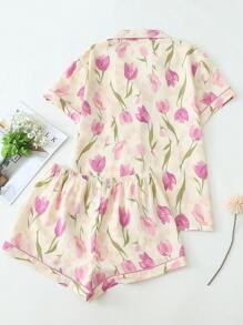 Set de 2 piezas de pijama con top de manga corta con cuello en V y botones con estampado de tulipanes florales y pantalones, ropa cómoda para el hogar apta para usar en verano