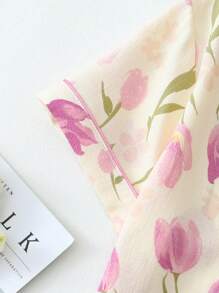 Set de 2 piezas de pijama con top de manga corta con cuello en V y botones con estampado de tulipanes florales y pantalones, ropa cómoda para el hogar apta para usar en verano