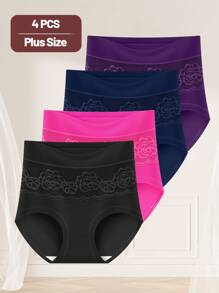 MEIYATING Set de 4 bragas tipo culotte de talle alto con control de abdomen, diseño de rosas y malla transpirable para mujer de tallas grandes
