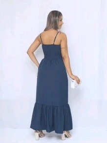 Long Dress In Viscose, Plain, Straps, Buttons On The Front, Cups And Lining. Elastex On The Back - Navy Blue - View 2