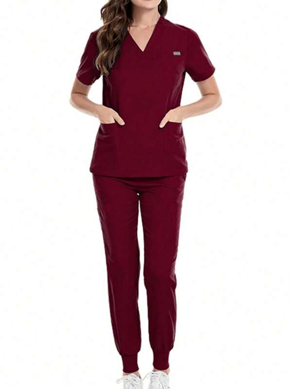 Women's Solid Color Short Sleeve Top & Pants Scrub Uniform Set