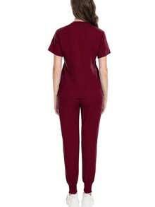 女士纯色短袖上衣和裤子手术服套装