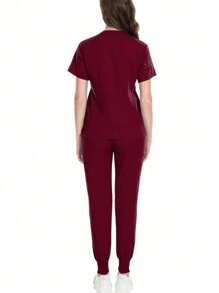 Ensemble uniforme de blouse à manches courtes et pantalon de couleur unie pour femmes