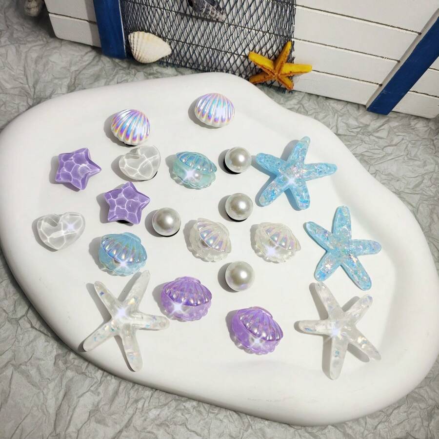 20 pezzi di bottoni decorativi per scarpe, serie estiva, con motivi di stelle marine 3D, conchiglie e onde, ideali per decorare in modo elegante scarpe, sandali e come regalo per le vacanze - Multicolore - Visualizzare 1