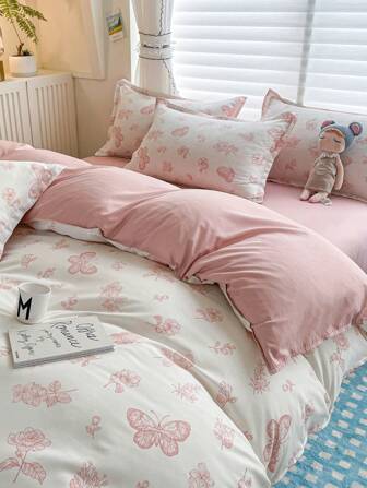 3/4pcs Bed Sheet Duvet Cover Kit, Cute Style Animal Print Duvet Cover, Butterfly, Rabbit, Bear Pattern, Suitable For Children's Room, Student Dormitory, Universal For All Seasons, Machine Washable, Back To School