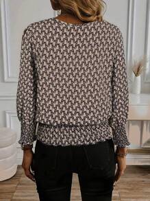 Women New Allover Print Round Neck Long Sleeved Blouse Casual Tops For Spring - Brown - View 3