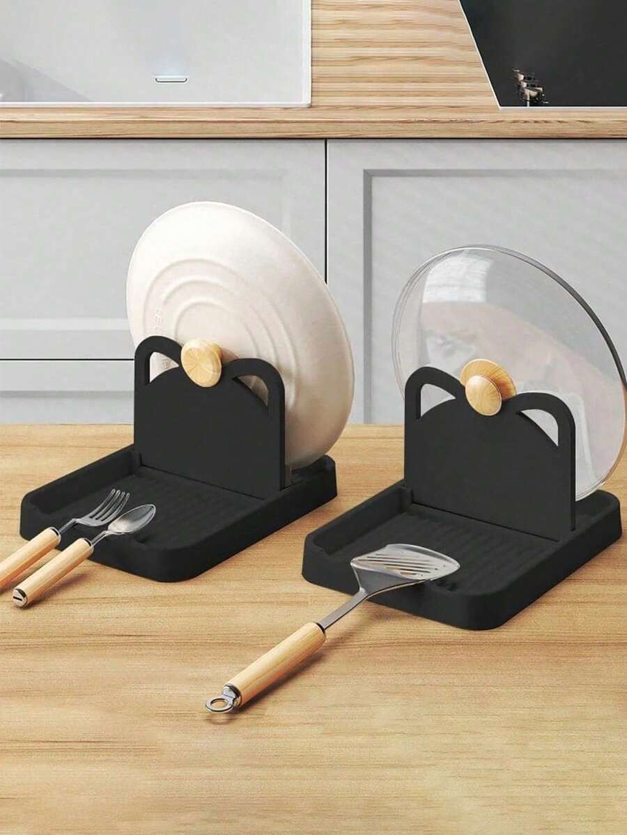 1pc Foldable Kitchen Tool Holder, Pot Lid Stand, Spoon Rack And Spatula Organizer - Black - View 1