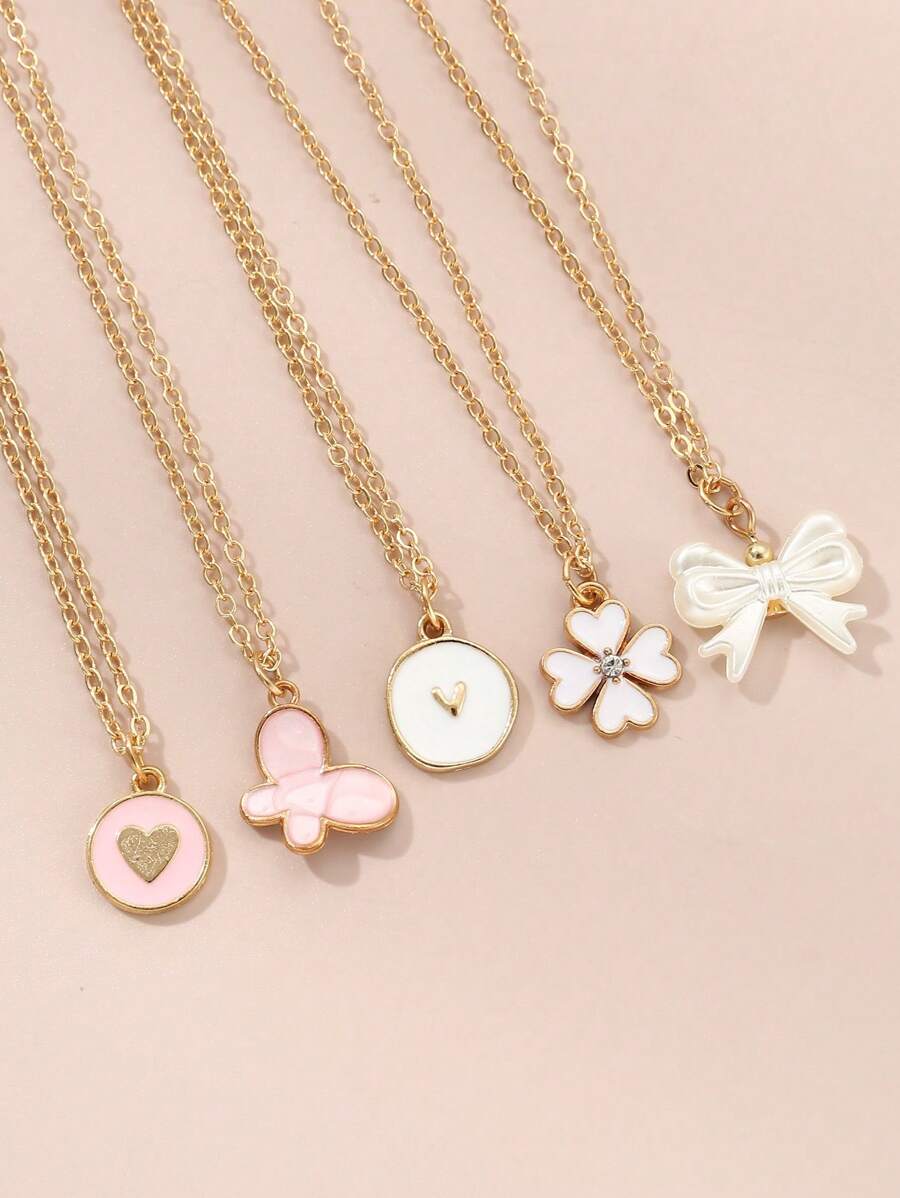 5pcs Teen Girls Butterfly Heart Flower Necklace Set - 5PCS - View 1