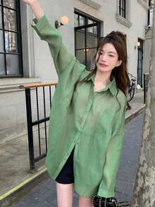 女式时尚纯色图案前口袋落肩大码衬衫 - 綠色 - 查看 7