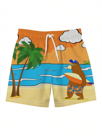 男士 3D 夏季海滩度假熊印花沙滩短裤