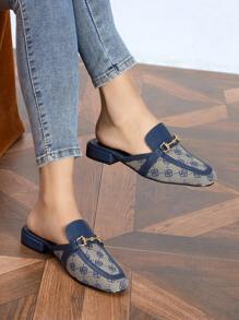 Women's Blue Printed Mule Shoes - Round Toe Slip-On Flats With Metal Buckle Decor, Closed Toe Design, Suitable For Business And Beach Occasions - Blue - View 2