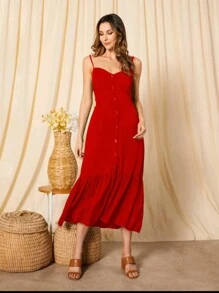 Long Dress In Viscose, Plain, Straps, Buttons On The Front, Cups And Lining. Elastex On The Back - Red - View 2