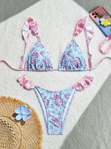 女士荷叶边花卉印花性感比基尼套装，适合夏季海滩度假 - 彩色 - 查看 1