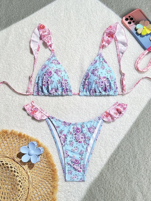 Conjunto de bikini con volantes y estampado floral sexy para mujer, para verano y vacaciones en la playa