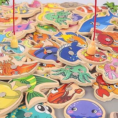 Magnetic Ocean Fishing Game - Interactive Wooden Tabletop Toy For Youngsters, Enhances Hand-Eye Coordination & Focus, Creative Gift Idea