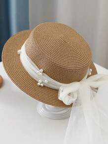 New Lace Pearl Mesh Bow Decor Straw Hat, Sweet Wide Brim Sun Hat For Summer Vacations, UV Protection, Fashionable & Versatile Casual Boho Vintage Streetwear, Polyester, Bow Accent, Spring/Summer