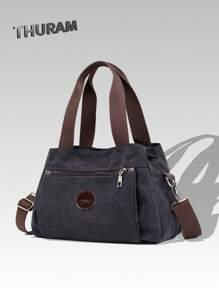 女士帆布手提包,可用於肩背、斜跨、手提,大容量手提袋 - 黑色 - 查看 2